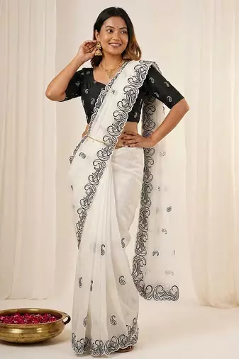 White crunchy silk blend partywear bollywood style glamorous saree