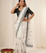 White crunchy silk blend partywear bollywood style glamorous saree