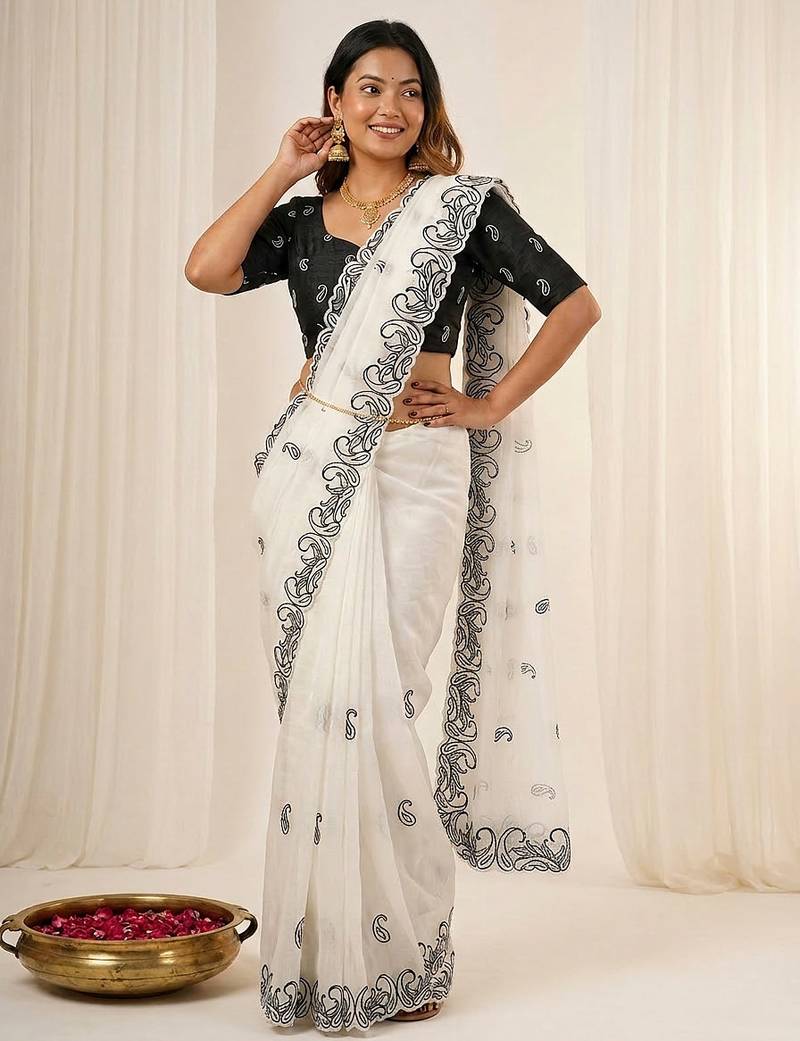 White crunchy silk blend partywear bollywood style glamorous saree