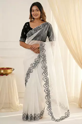 White crunchy silk blend partywear bollywood style glamorous saree