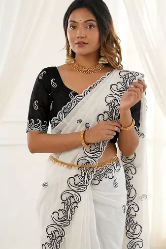 White crunchy silk blend partywear bollywood style glamorous saree