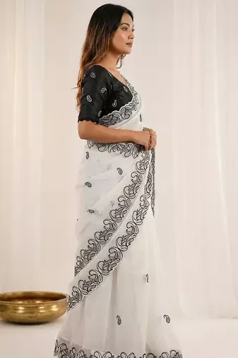 White crunchy silk blend partywear bollywood style glamorous saree