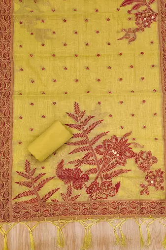 Yellow jamdani silk blend dress material