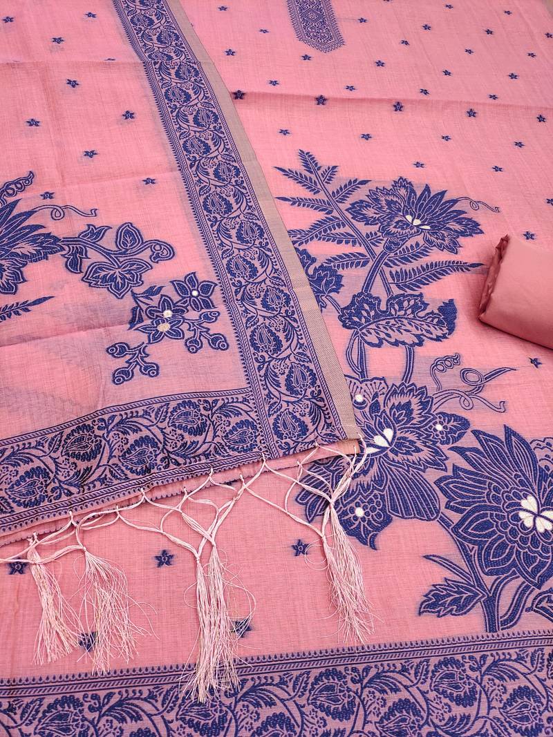 Pink jamdani silk blend dress material