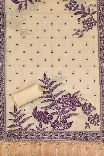 Cream jamdani silk blend dress material