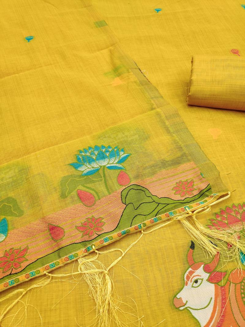 Yellow jamdani banarasi dress material