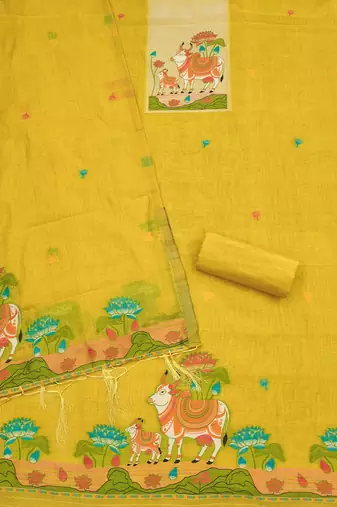 Yellow jamdani banarasi dress material