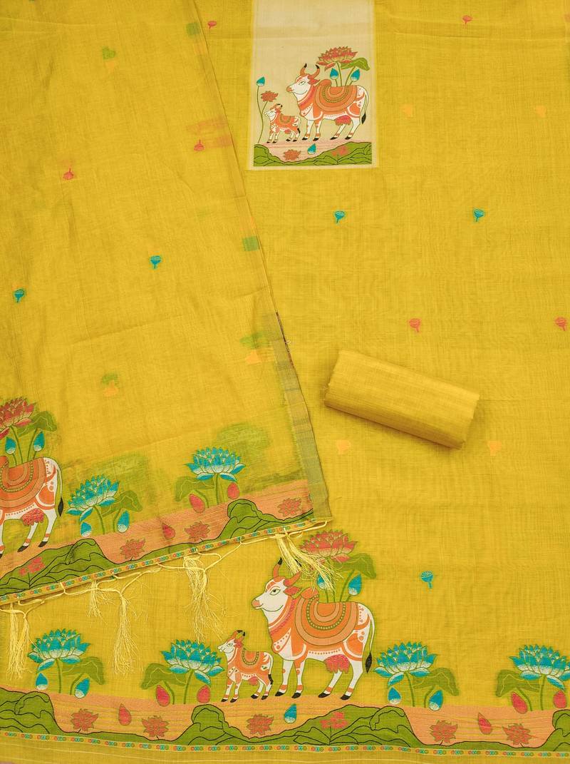 Yellow jamdani banarasi dress material