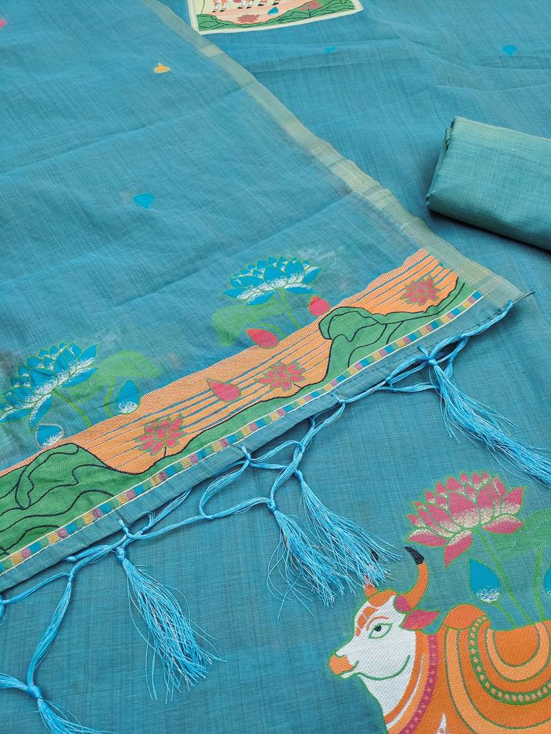 Sky jamdani silk blend dress material