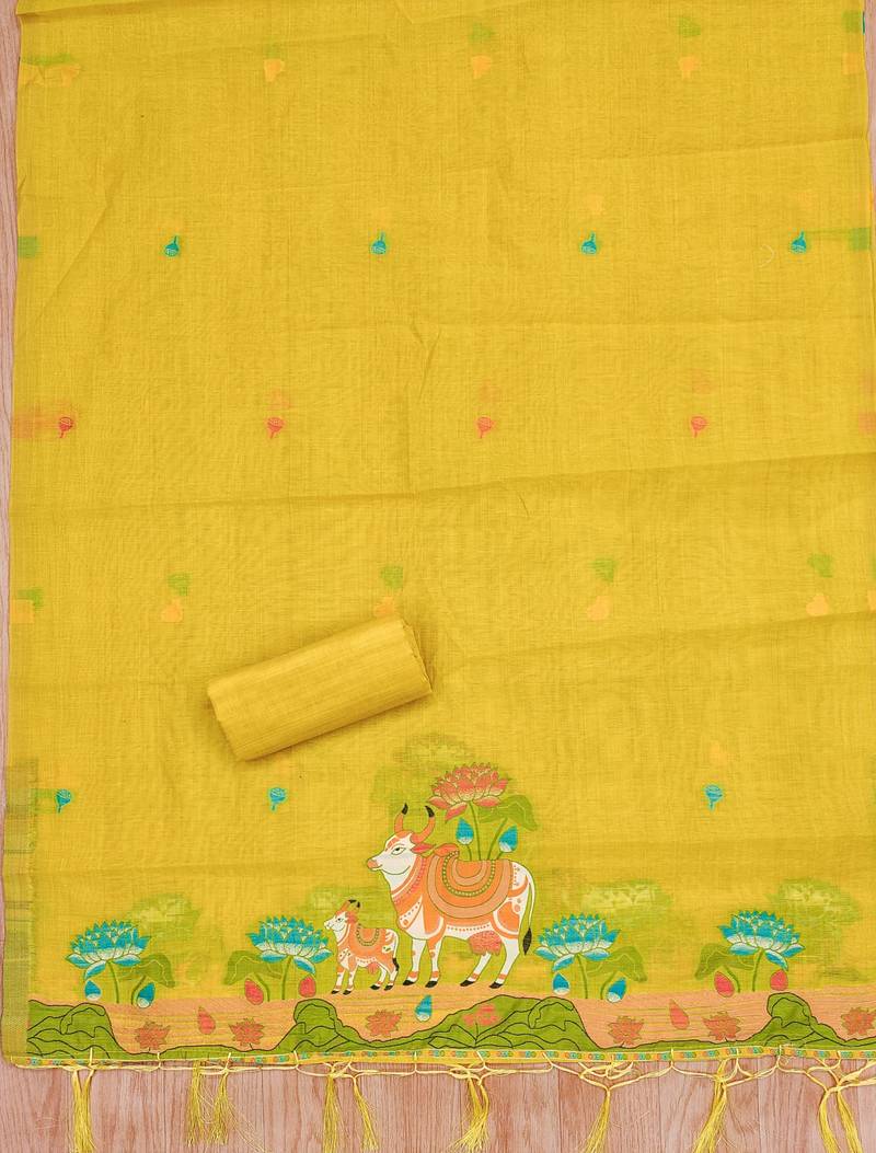 Yellow jamdani banarasi dress material
