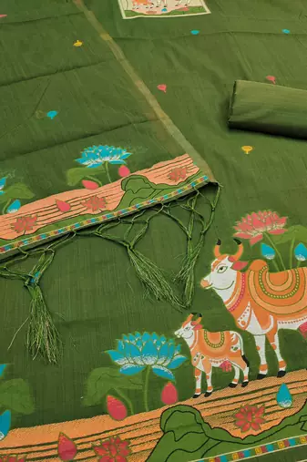 Mehendi jamdani silk blend dress material
