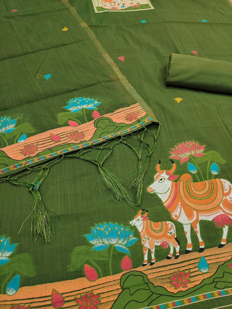 Mehendi jamdani silk blend dress material