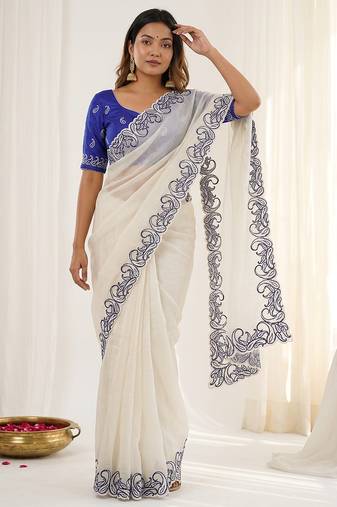 White crunchy silk blend partywear bollywood style glamorous saree