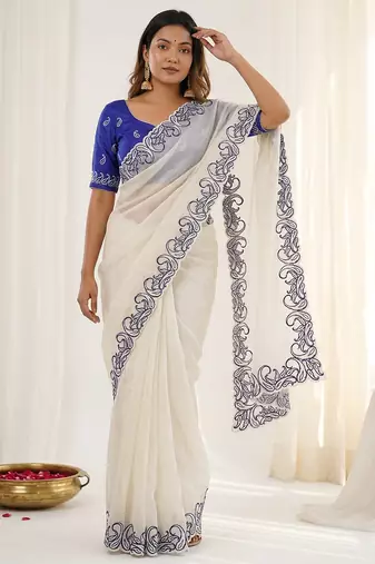 White crunchy silk blend partywear bollywood style glamorous saree
