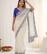 White crunchy silk blend partywear bollywood style glamorous saree