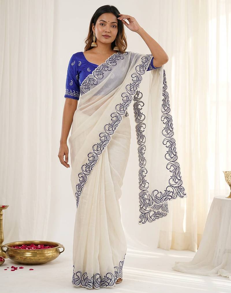 White crunchy silk blend partywear bollywood style glamorous saree