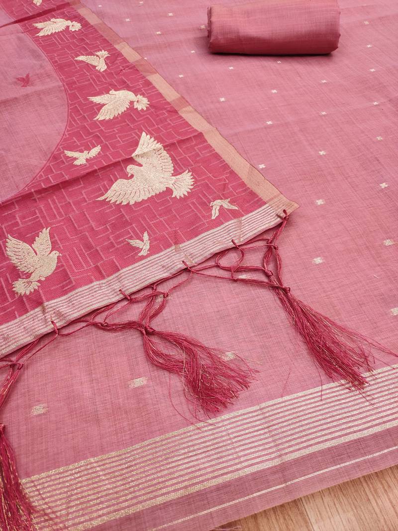 Pink jamdani silk blend dress material