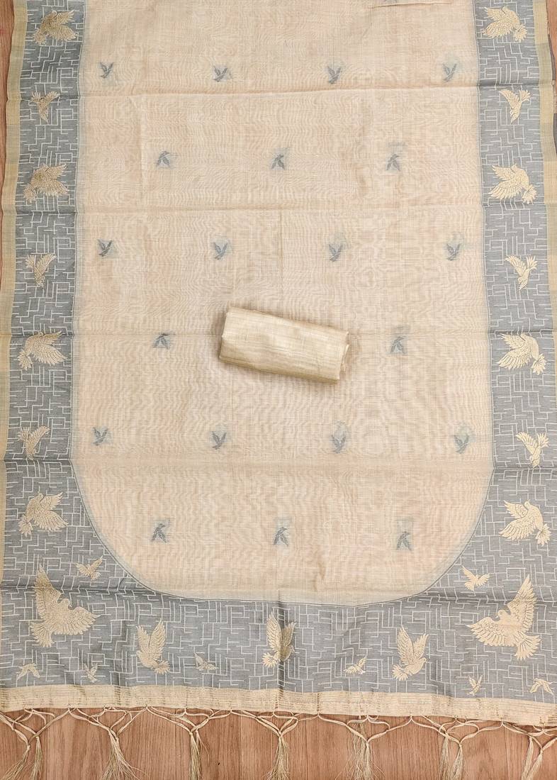 Cream jamdani silk blend dress material