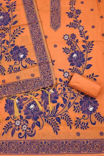 Orange jamdani silk blend dress material