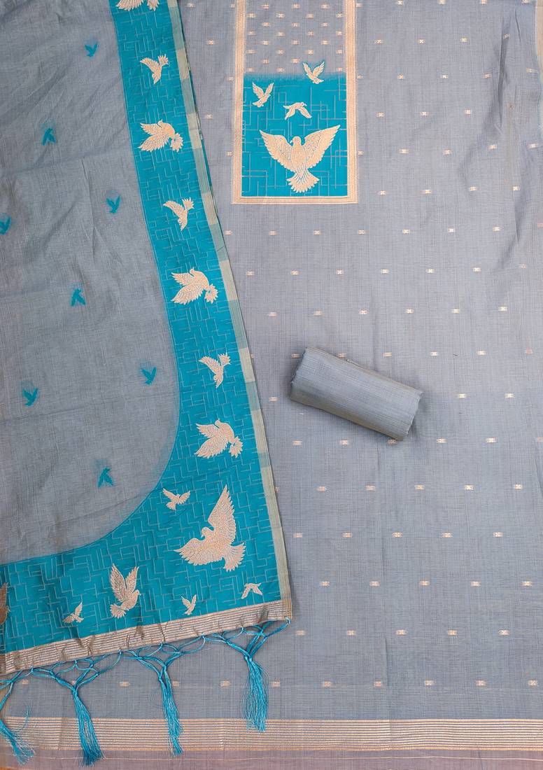 Grey jamdani silk blend dress material
