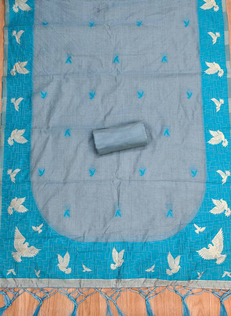 Grey jamdani silk blend dress material