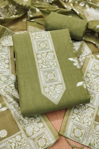 Light mehendi jamdani silk blend dress material