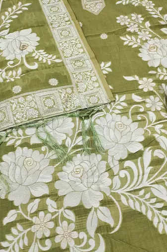 Light mehendi jamdani silk blend dress material