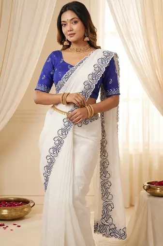 White crunchy silk blend partywear bollywood style glamorous saree