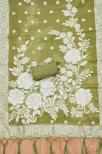 Light mehendi jamdani silk blend dress material