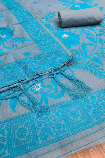 Grey jamdani silk blend dress material