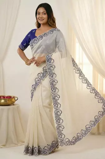 White crunchy silk blend partywear bollywood style glamorous saree