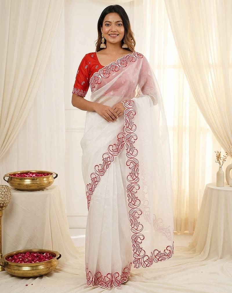 White crunchy silk blend partywear bollywood style glamorous saree