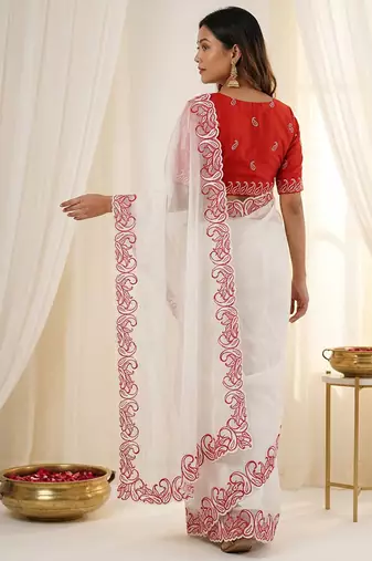 White crunchy silk blend partywear bollywood style glamorous saree