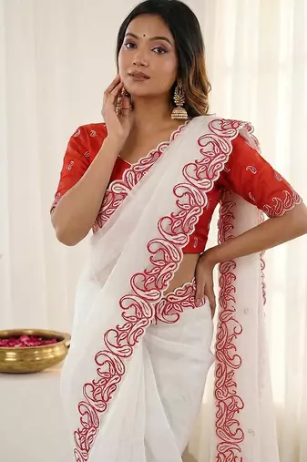 White crunchy silk blend partywear bollywood style glamorous saree
