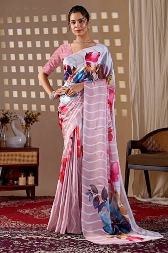 Elegant Baby Pink Floral Print Saree for Women