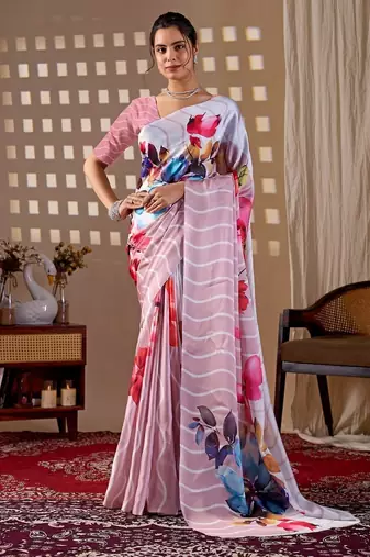 Elegant Baby Pink Floral Print Saree for Women