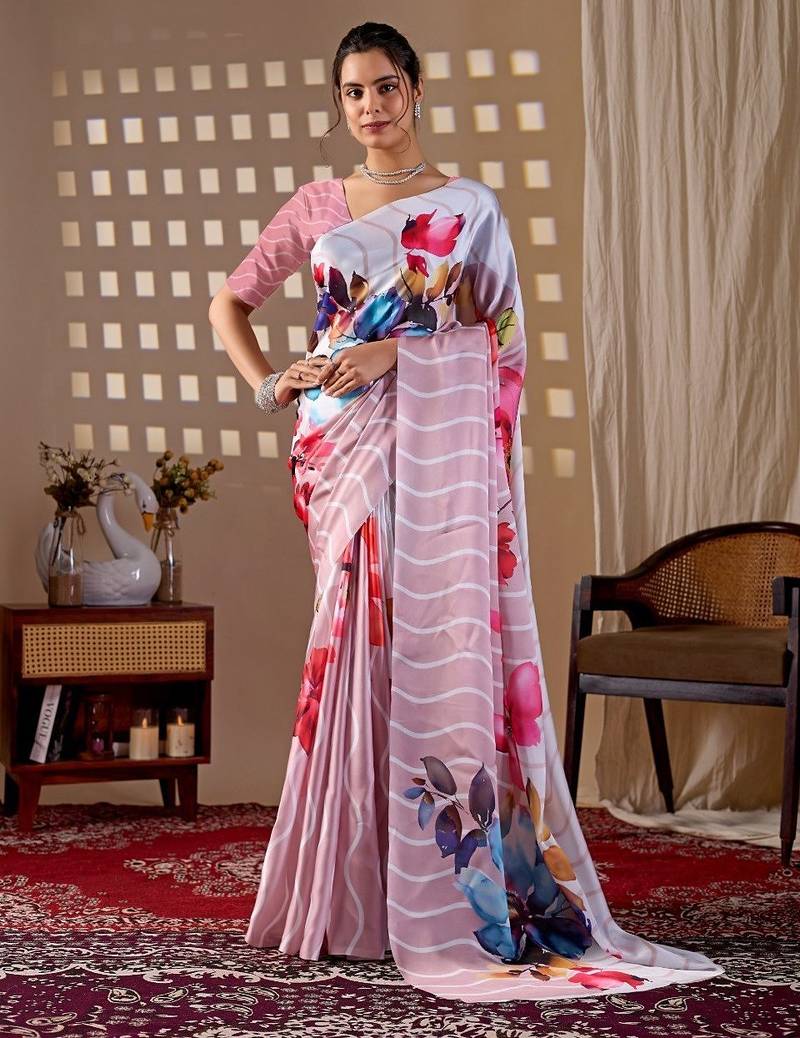 Elegant Baby Pink Floral Print Saree for Women