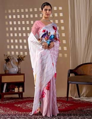 Elegant Baby Pink Floral Print Saree for Women 2