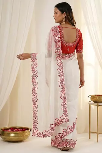White crunchy silk blend partywear bollywood style glamorous saree