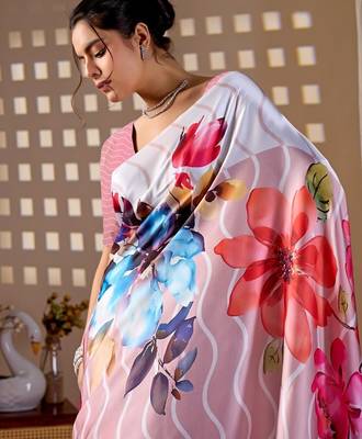 Elegant Baby Pink Floral Print Saree for Women 4