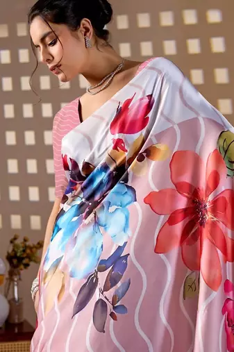 Elegant Baby Pink Floral Print Saree for Women