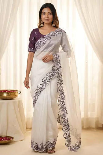 White crunchy silk blend partywear bollywood style glamorous saree