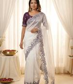 White crunchy silk blend partywear bollywood style glamorous saree