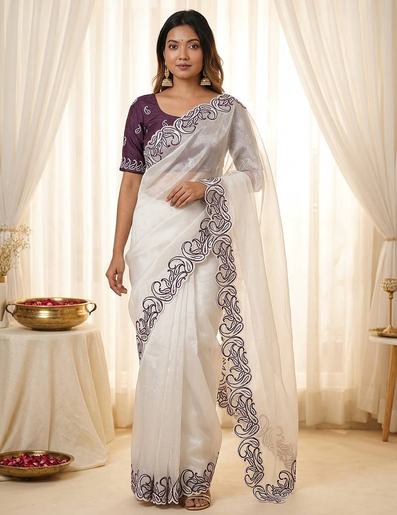 White crunchy silk blend partywear bollywood style glamorous saree