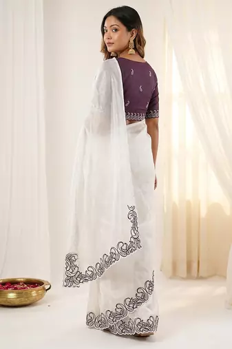 White crunchy silk blend partywear bollywood style glamorous saree