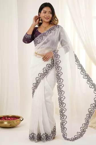 White crunchy silk blend partywear bollywood style glamorous saree