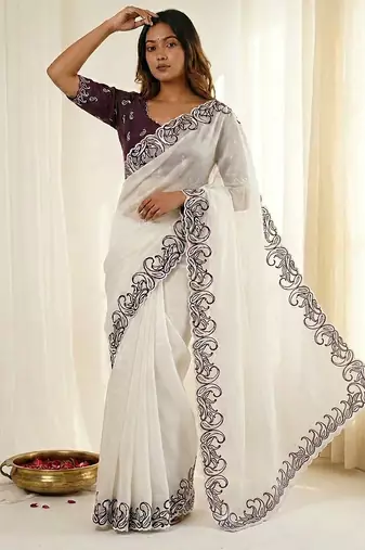 White crunchy silk blend partywear bollywood style glamorous saree