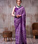 Purple satin silk blend floral printed stylish partywear saree