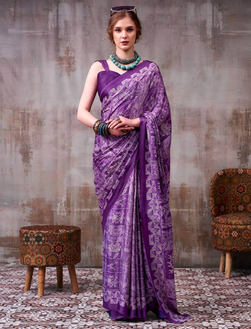 Purple satin silk blend floral printed stylish partywear saree