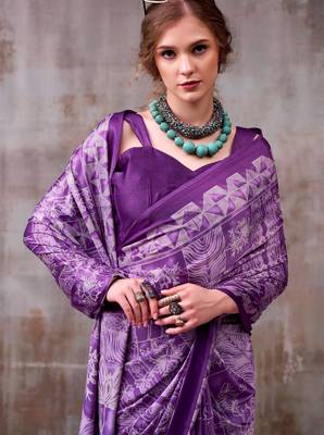 Purple satin silk blend floral printed stylish partywear saree 2